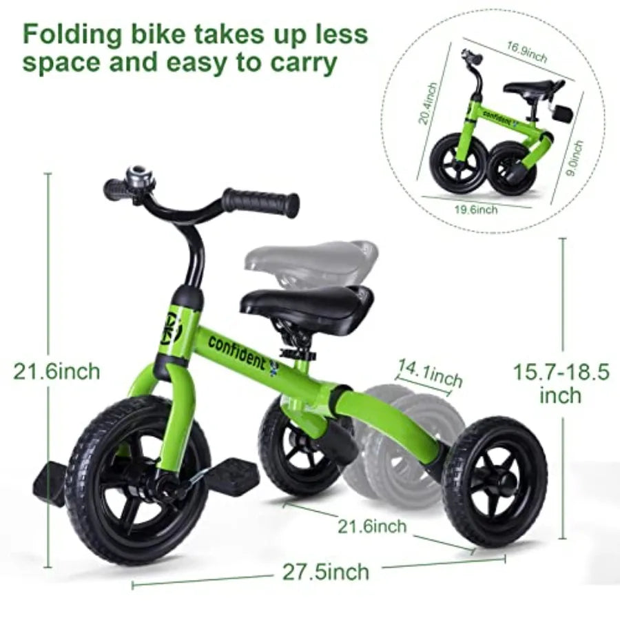 3 in 1 Green Folding Toddler Tricycle for Ages 2-5
