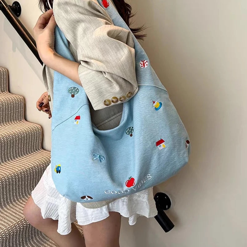 Stylish Embroidered Denim Tote Bag | Large Capacity Crossbody