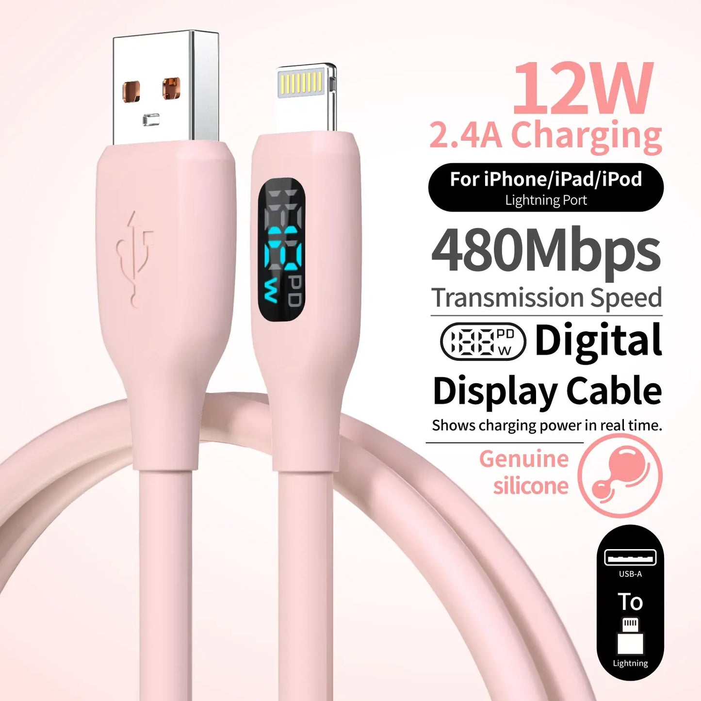 Soft Silicone USB A to Lightning Charging Cable | Macaron Pink