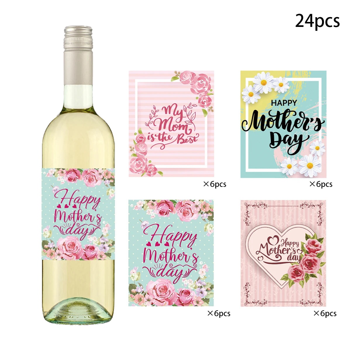24pcs Mother's Day Wine Bottle Label Stickers | Floral Gift Decor
