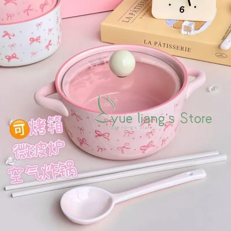 Bol de cerámica con tapa para fideos, diseño de lazo rosa | Adorable tazón para sopa