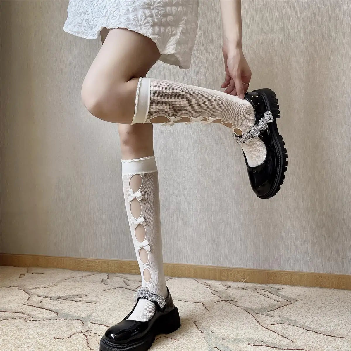 Kawaii Hollow Out Mesh Fishnet Socks | Cute Bow Long Stockings