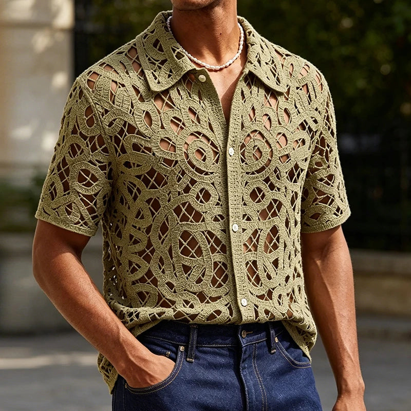 Men's Vintage Floral Embroidery Crochet Knit Shirt | Casual Summer Style