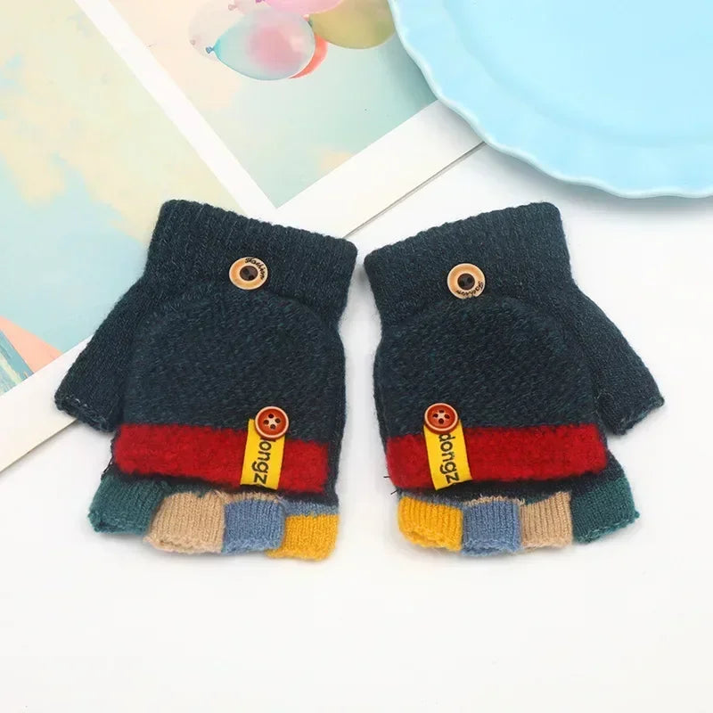 Kids Half Finger Flip Gloves | Warm Jacquard Design for Winter