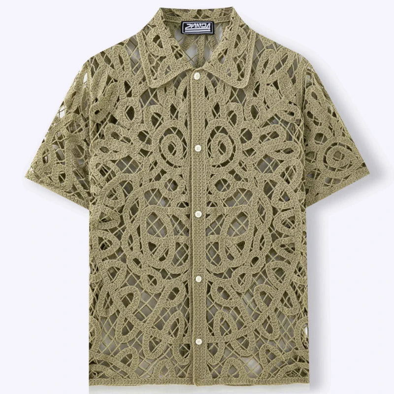 Men's Vintage Floral Embroidery Crochet Knit Shirt | Casual Summer Style