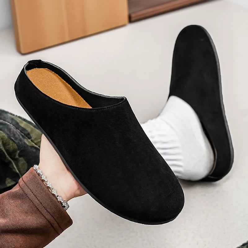 New Men's Slippers New Retro Solid Color Flat Bottom Women's Slingback Shoes Closed Toe Round Toe Suede Clogs Sandals Autumn