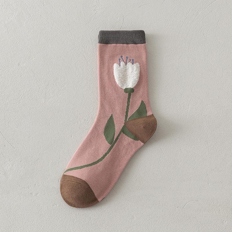 Cute Pink Flower Embroidery Socks for Women | Kawaii Retro Style