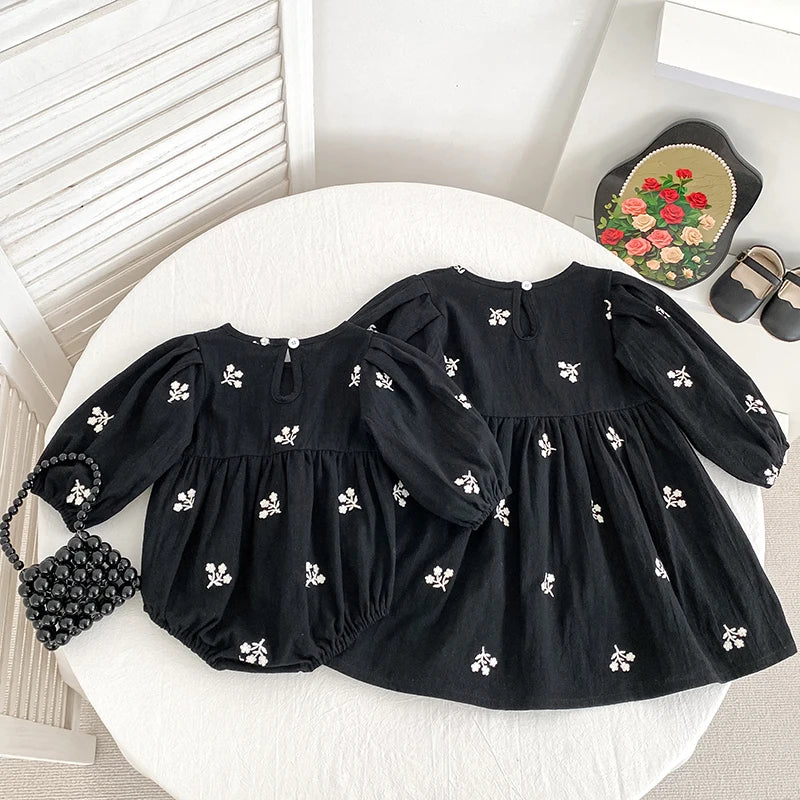 Baby Girls Embroidered Bow Romper | Cozy Autumn Jumpsuit