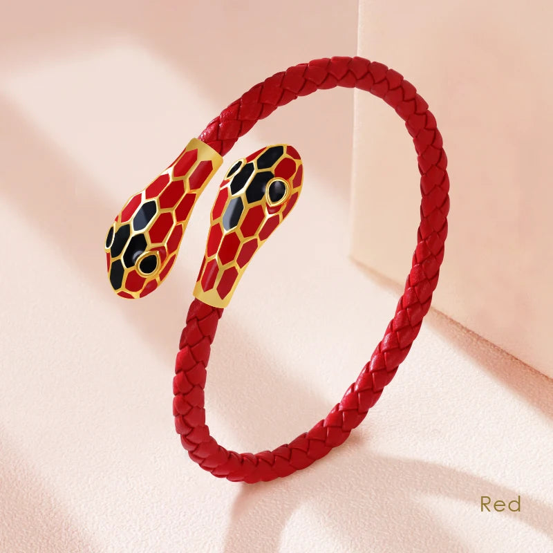 MOONLIGHT Classic Style Double Snake Head Cuff Bangles for Women Genuine Braided Leather Bracelets Female Fashion Jewelry Gifts