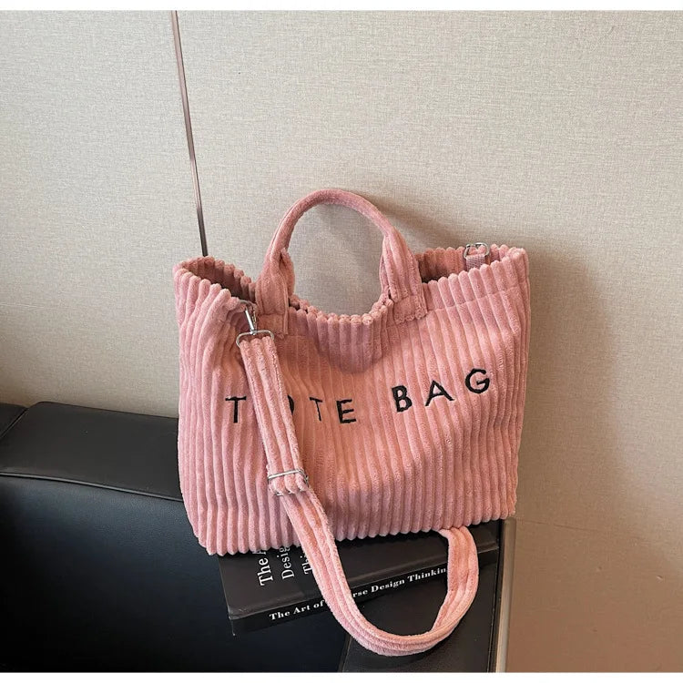 Bolso de mano de terciopelo a rayas de gran capacidad | Bolso tote elegante y versátil
