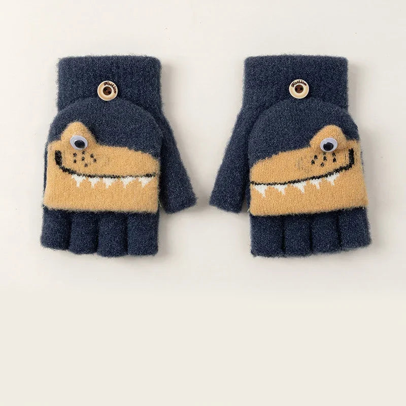 Kids Knitted Alligator Writing Gloves | Warm Winter Fingerless Gloves