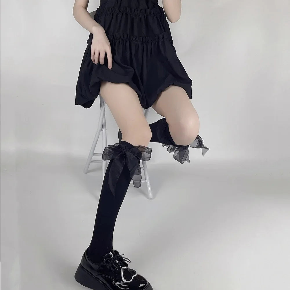 Kawaii Cute Black Stockings with Bowknot & Ruffles for Women