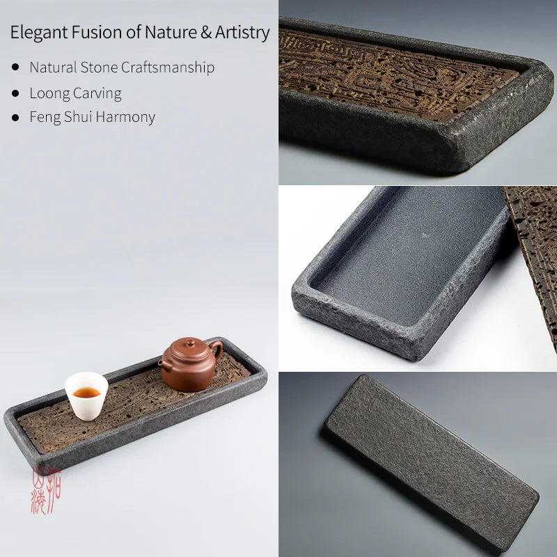 Bandeja de té con tótem de dragón tallado a mano | Elegante decoración volcánica negra