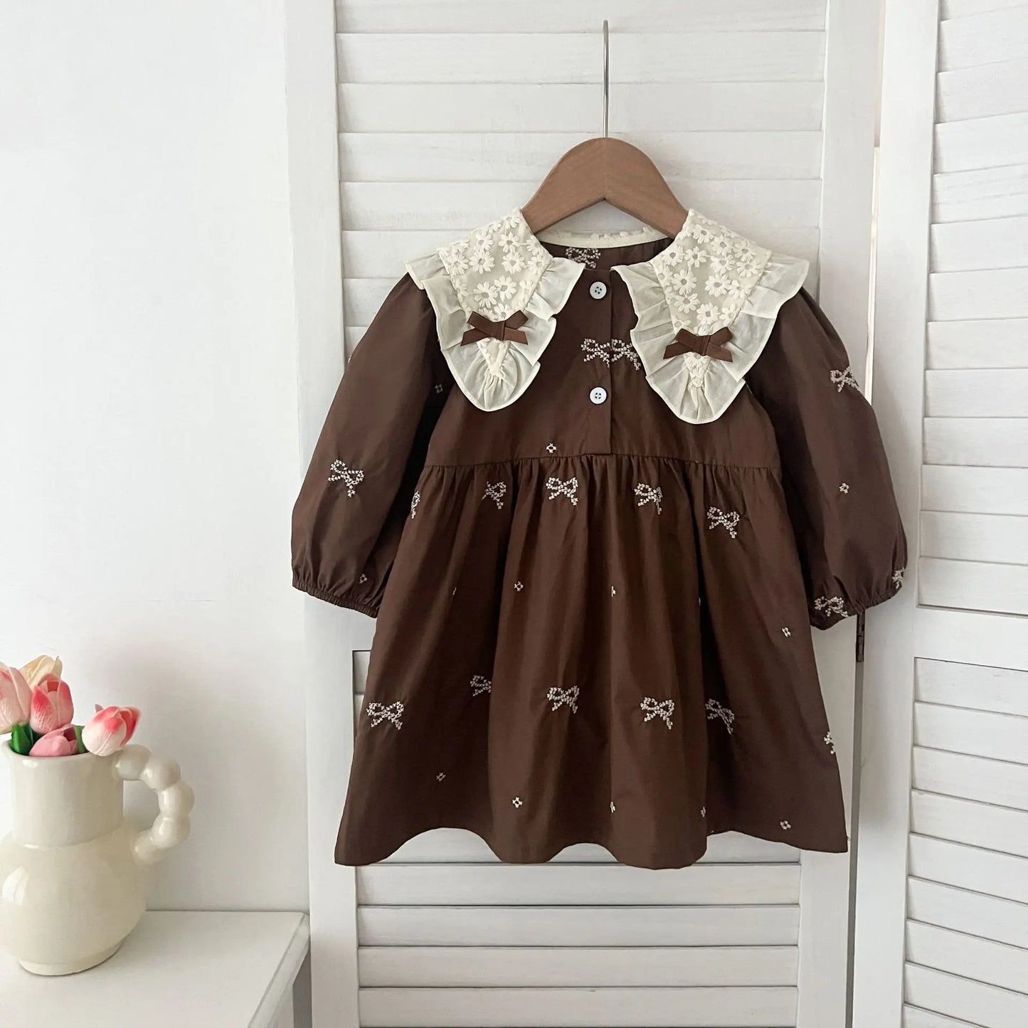 Cute Baby Girls Bow Lace Embroidery Bodysuit & Dress Set