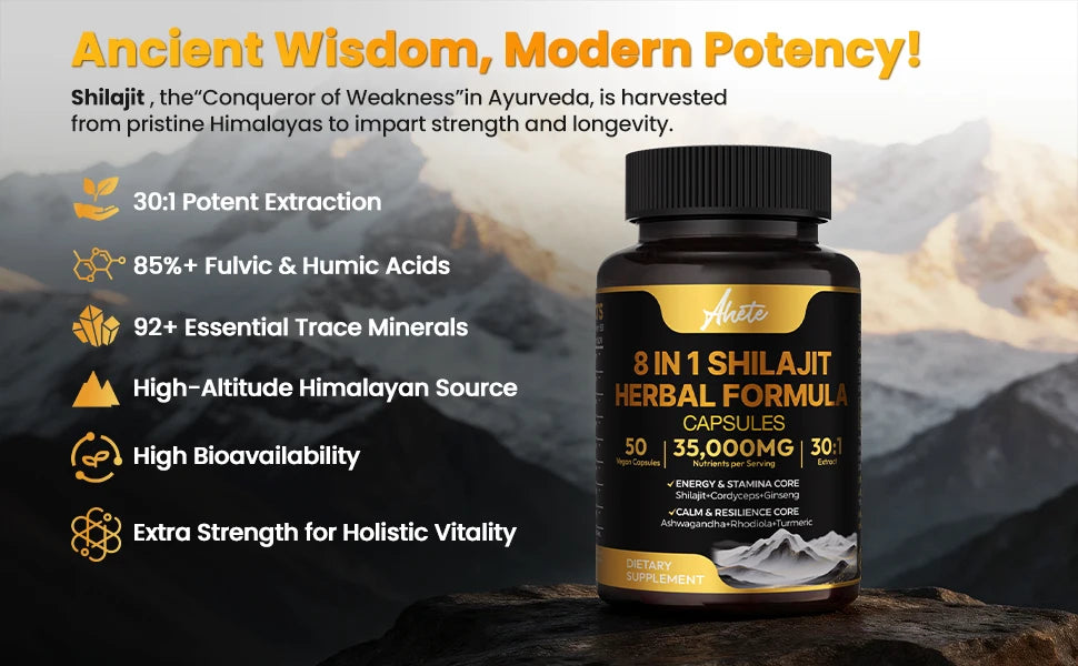 8-in-1 Himalayan Shilajit Capsules for Stress Relief & Vitality