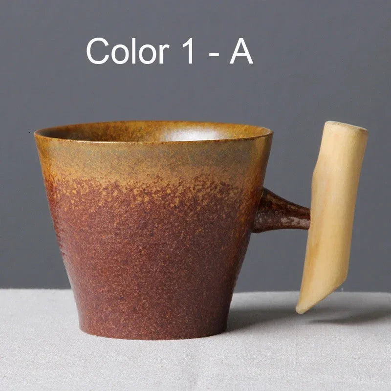 Vintage Ceramic Tea Cup Set with Wooden Handle | Elegant Drinkware