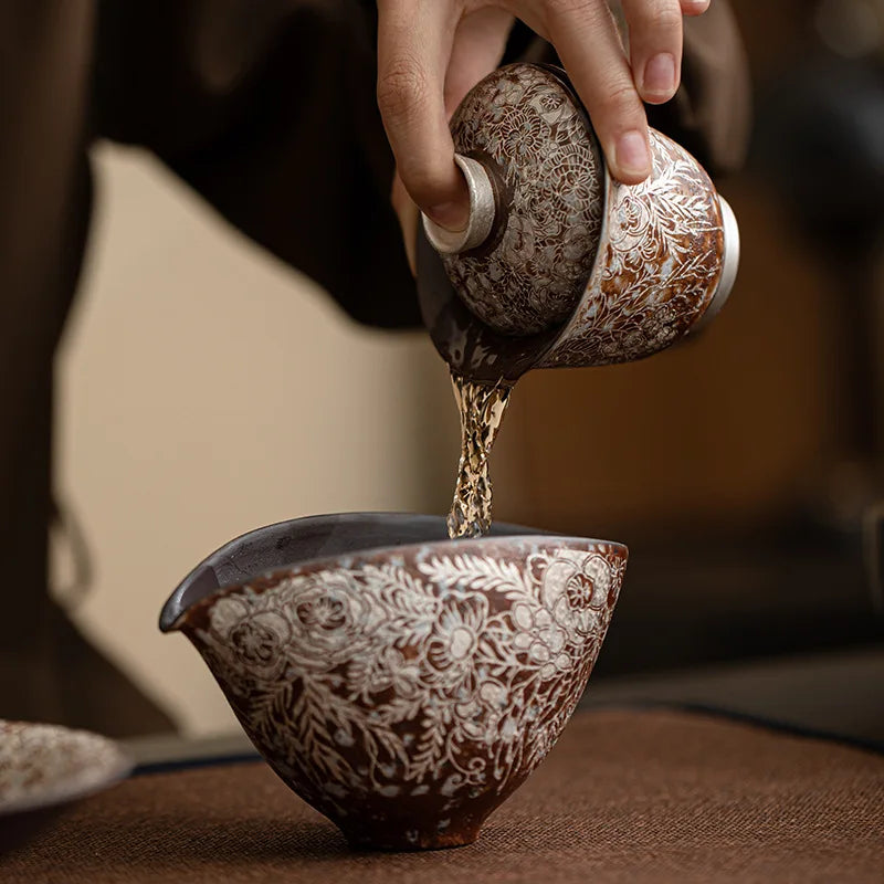 Juego de té Gaiwan de plata dorada elegante | Exquisita vajilla de cerámica