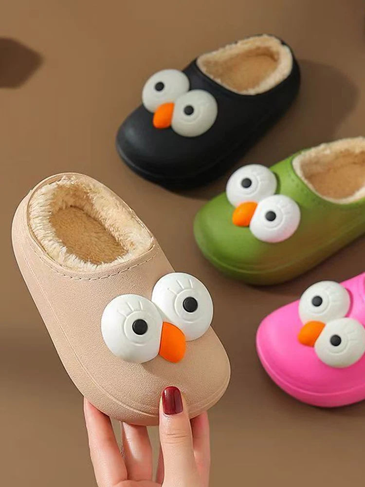 Kids 3D Big Eyes Animal Print Plush Slippers | Cozy Winter Shoes