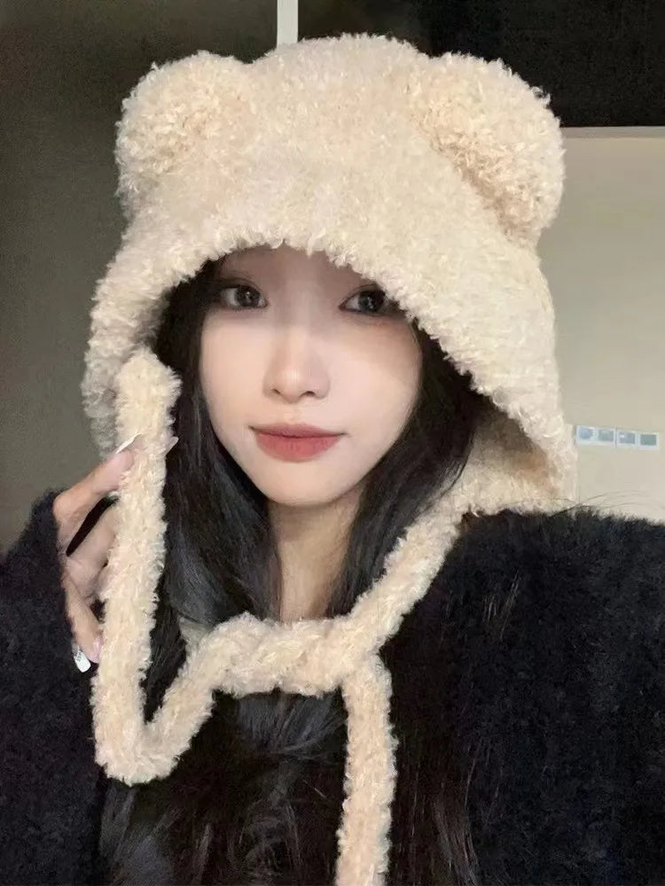 Women's Cute Bear Ear Plush Beanie | Cozy Winter Bomber Hat