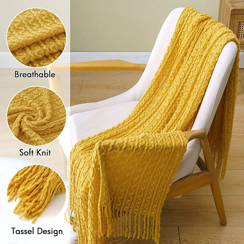 Cozy Yellow Boho Knitted Blanket | Soft Travel Nap Comfort