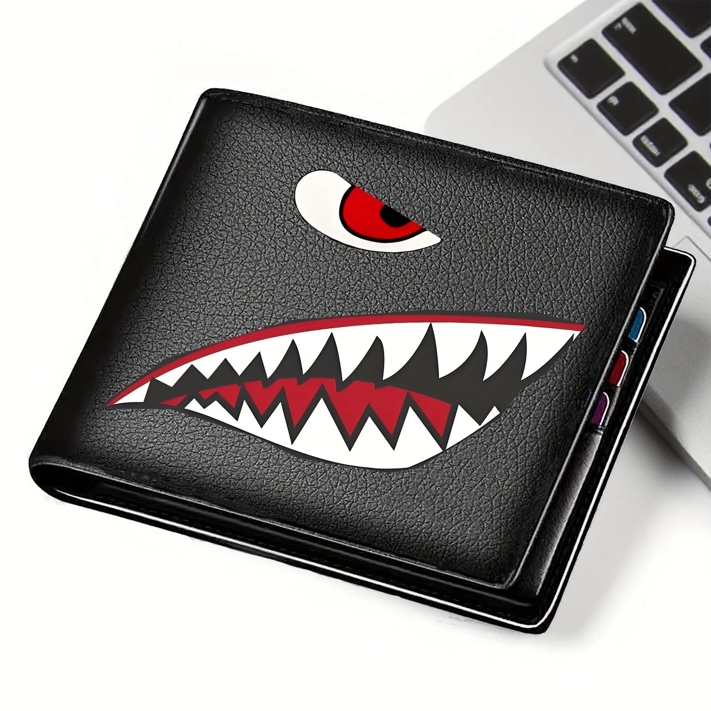 Men's Black Faux Leather Wallet | Shark Mouth Design Slim Holder