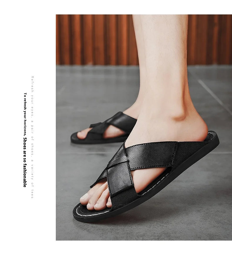 Plus Size Men Leather Slippers Homes In Indoor Slippers Summer Open Toe Sandals Comfy Antiskid Soft Bottom Casual Walking Shoes