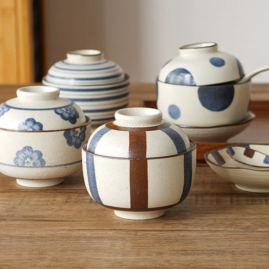 Olla de estofado de cerámica vintage con tapa | Vajilla japonesa elegante