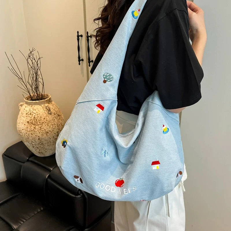 Stylish Embroidered Denim Tote Bag | Large Capacity Crossbody