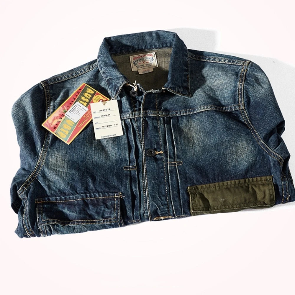 Men's Retro Patchwork Denim Jacket | Casual Heavyweight Outerwear