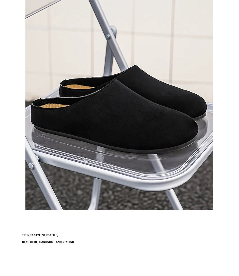New Men's Slippers New Retro Solid Color Flat Bottom Women's Slingback Shoes Closed Toe Round Toe Suede Clogs Sandals Autumn