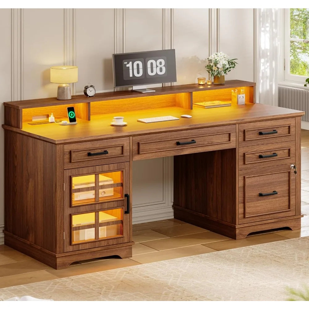Stylish 60'' Farmhouse Executive Desk with Outlet & LED Light