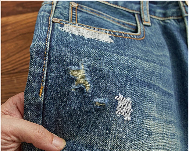 Men's Ripped Vintage Jeans | Casual Heavy Straight Leg Denim