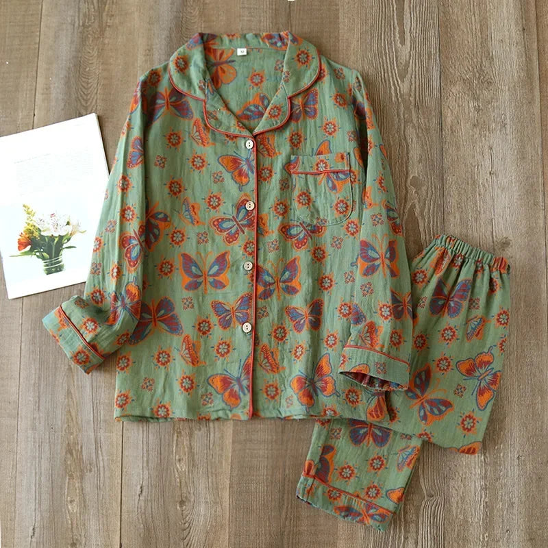 2026 Japanese Spring and Autumn New Women's Pajama Set 100% Cotton Vintage Long sleeved Pants Two Piece Set for Home Furnishings