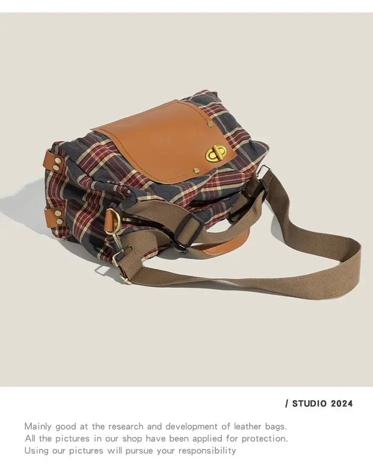 Large Capacity Burgundy Plaid Handbag | Convertible Shoulder Backpack