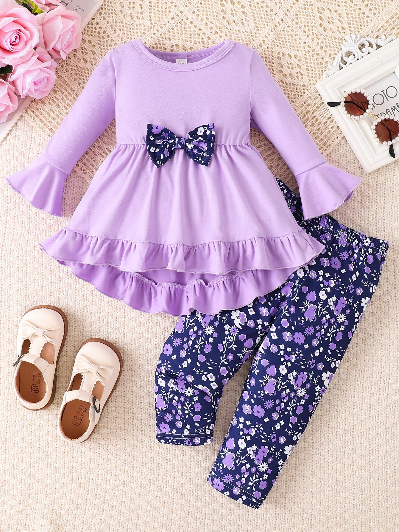 Light Purple Flared Sleeve Floral Set | Cute Baby Autumn Outfit