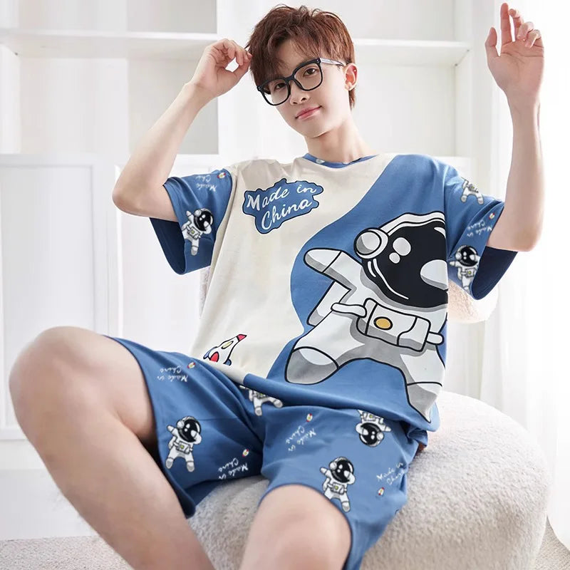 Men's Grey Plaid Short-Sleeved Pajamas | Comfortable Casual Sleepwear
