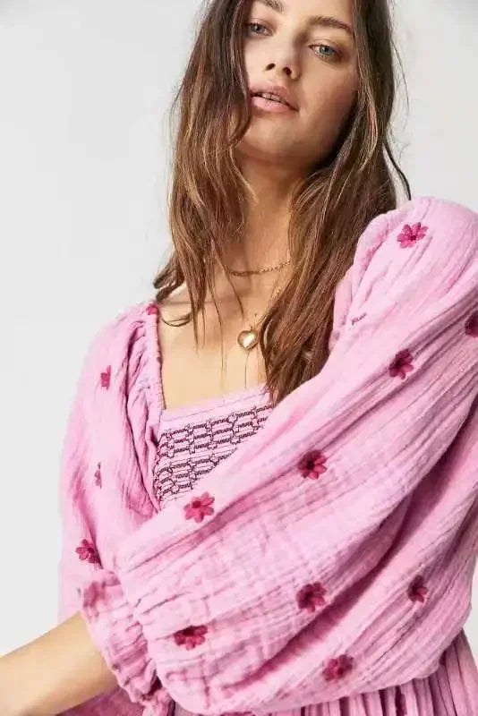 Boho Floral Embroidery Maxi Dress for Women | Casual Fashion