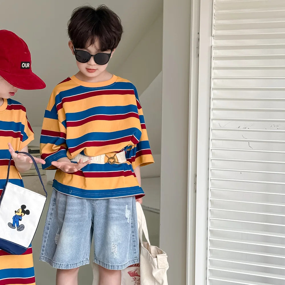 Children's Wide Striped Short-Sleeve T-Shirt for Summer Fun