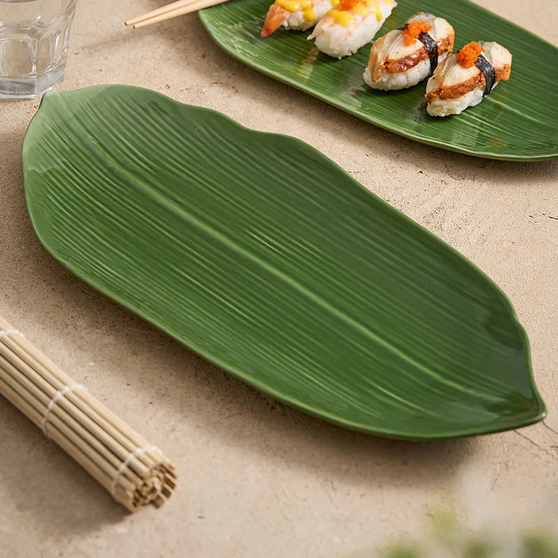 Elegant Green Bamboo Leaves Ceramic Sushi Plate for Desserts