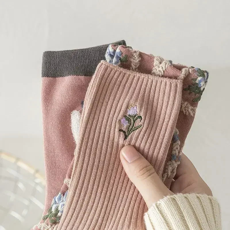 Cute Pink Flower Embroidery Socks for Women | Kawaii Retro Style