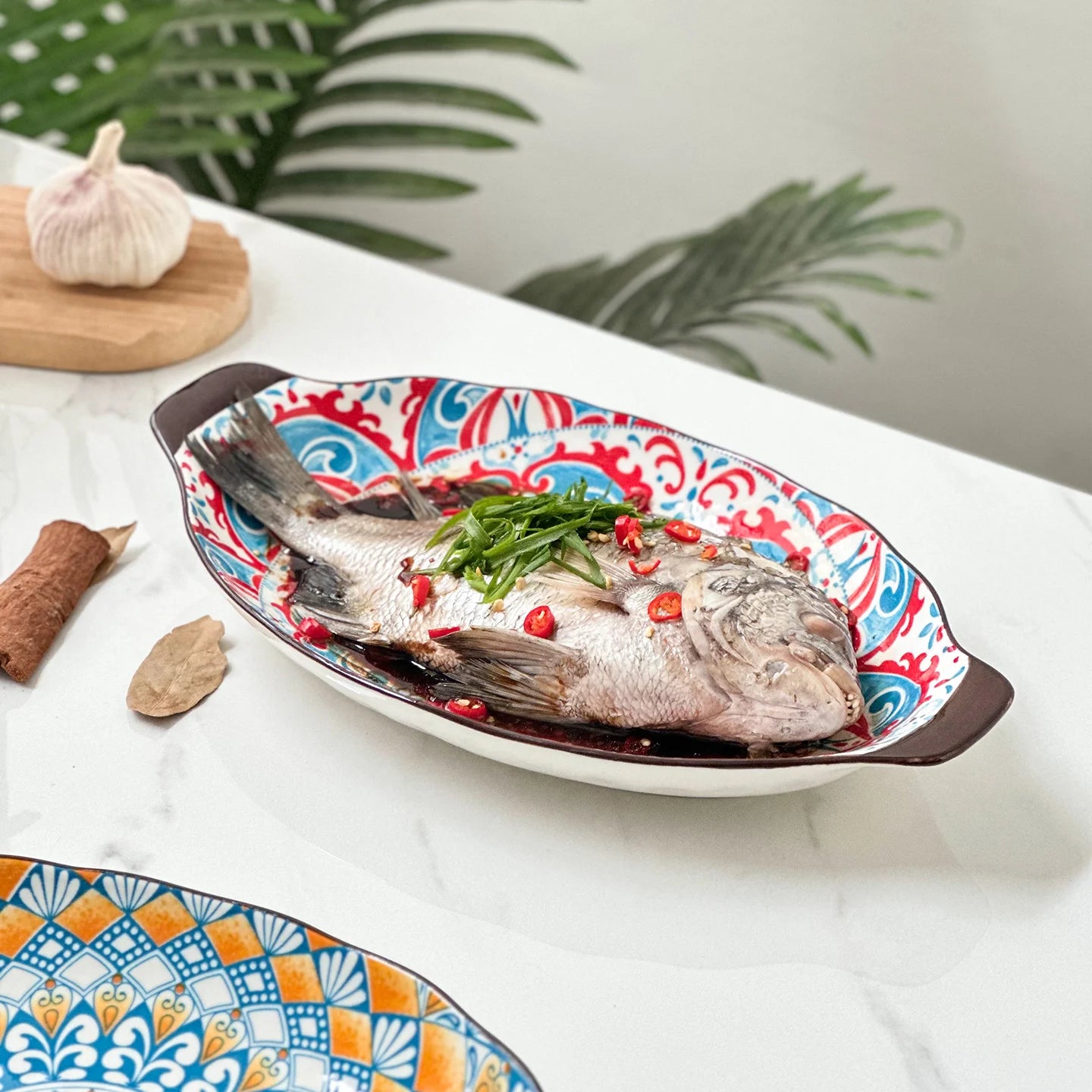 13-Inch Bohemian Double-Handle Ceramic Deep Plate for Seafood