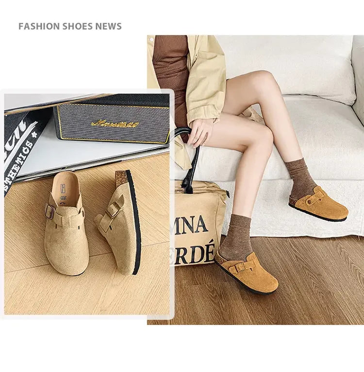 Cow Suede Cork Mules Slippers for All Seasons | Comfortable Clogs
