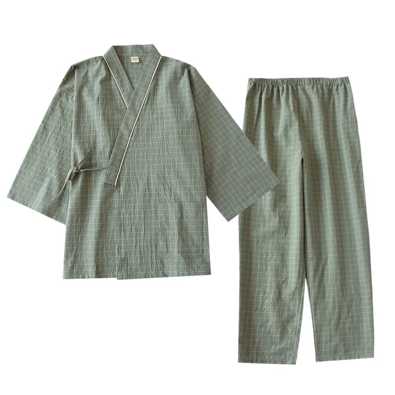 Spring Summer Japanese Pajama Sets Male 100% Cotton Spa Robe Sets Boxer High Quality Kimono Robes Men Plaid Home Hombre