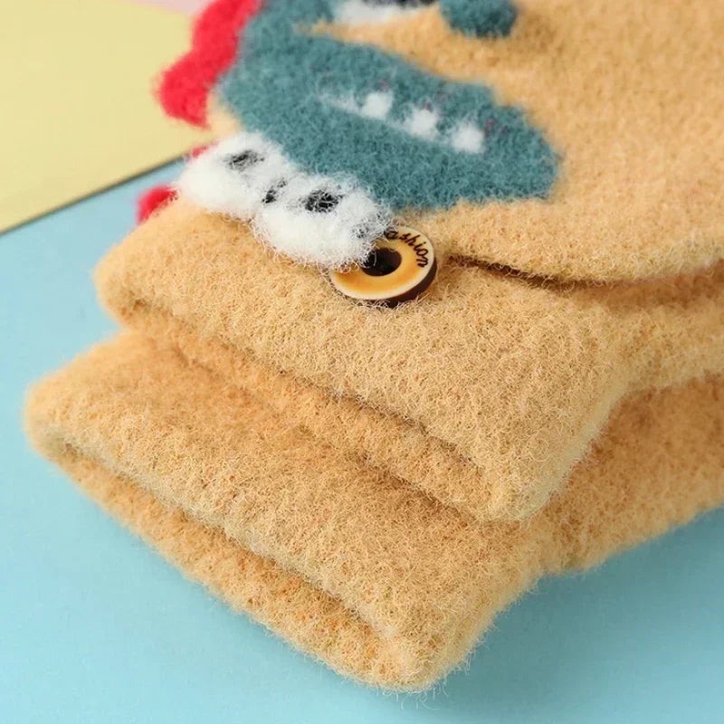 Kawaii Cartoon Dino Kids Half Finger Gloves | Winter Warmth for Fun