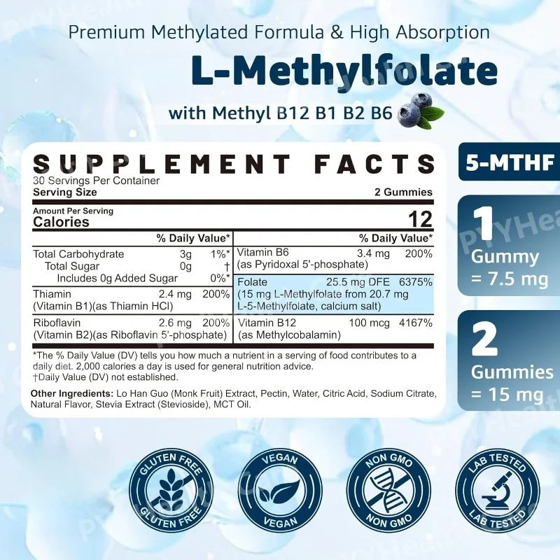 L-Methylfolate Gummies with B-Complex Vitamins for Daily Nutritional Support