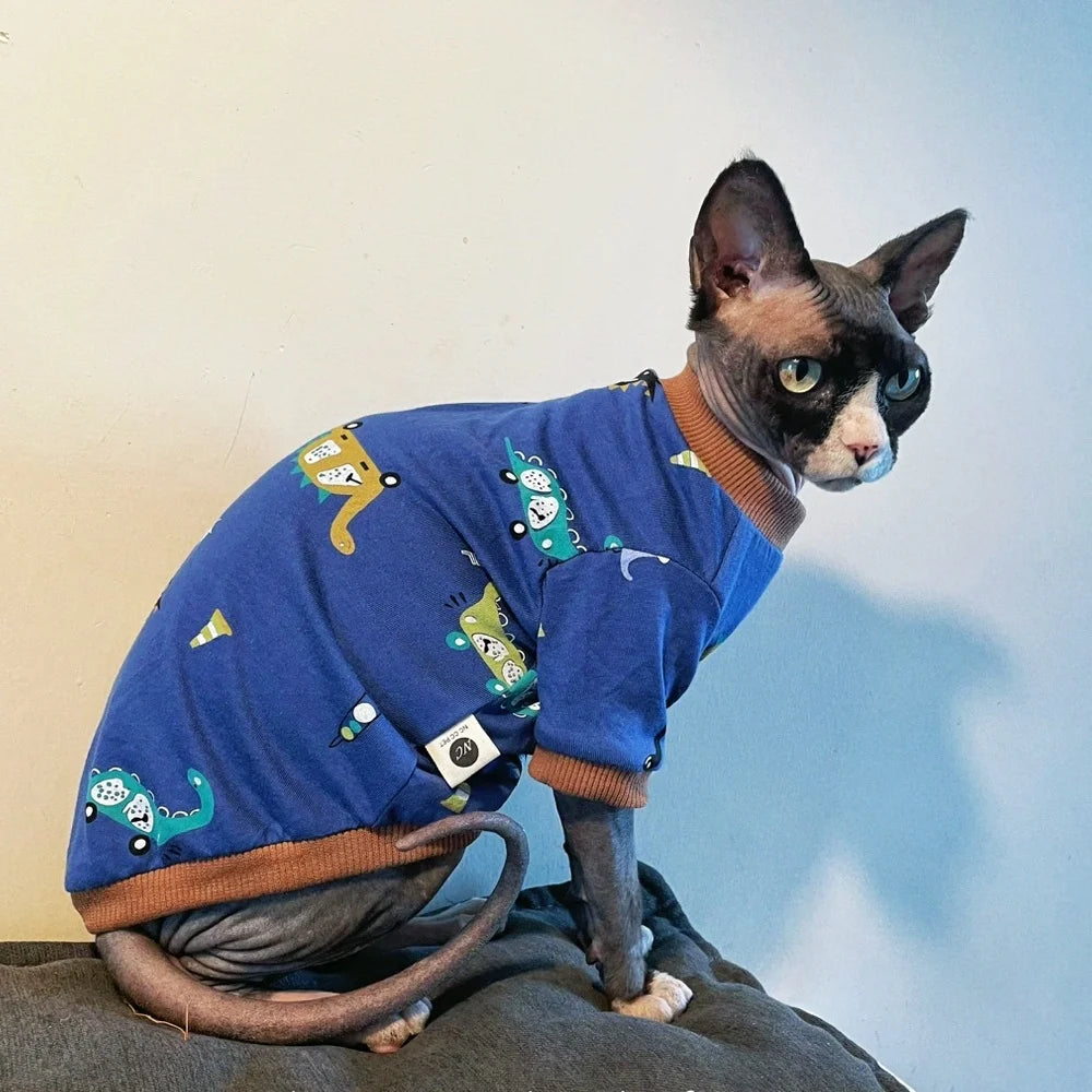 Cute Cartoon Dinosaur T-Shirt for Hairless Cats | Soft Cotton PJs