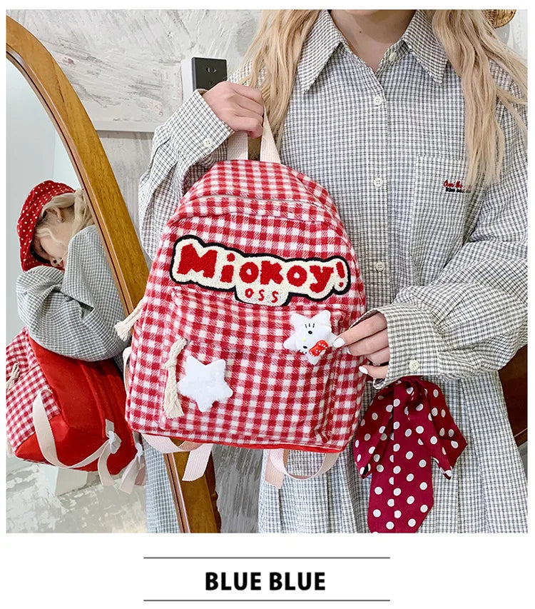 Stylish Girls Red Plaid Backpack | Large Capacity School Bag