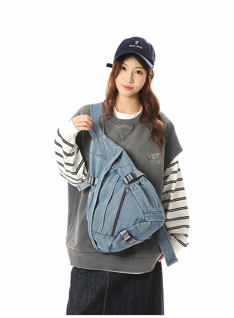 Vintage Washed Denim Sling Bag Man Woman Multifunction Retro Large Capacity Portable Motorcycle Chest Bag