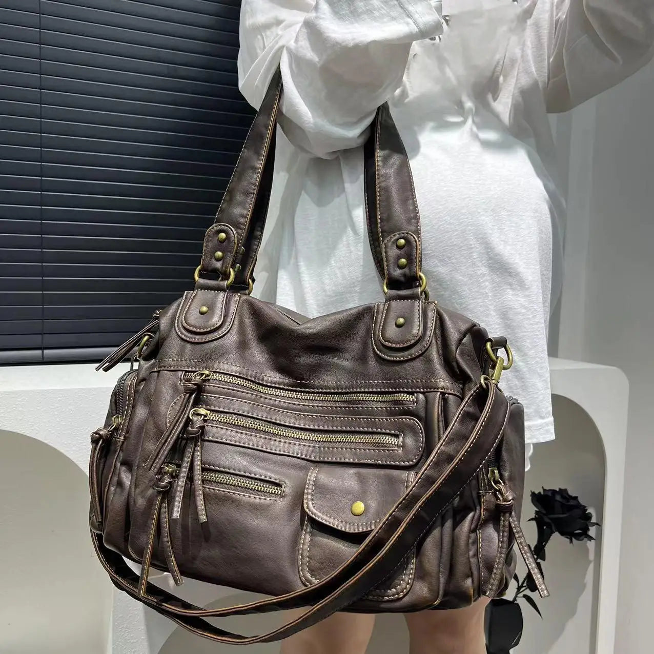 Vintage Washed Leather Crossbody Bag | Large Capacity Multi Pocket