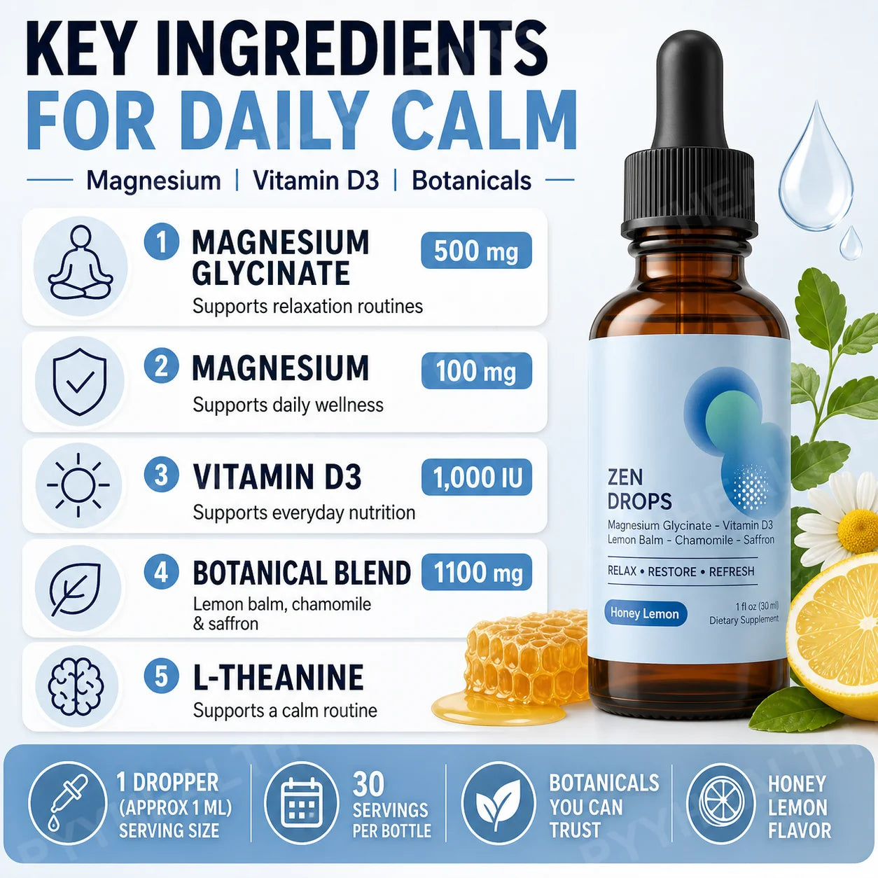 Calm Routine Magnesium Glycinate Liquid Drops with Vitamin D3